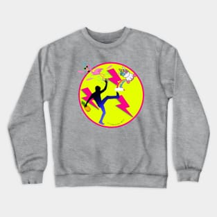 Kick The Coolest Unicorn & Rainbow with Pink Flamingo & Pink Lightning | 80s-90s style Neon colors Crewneck Sweatshirt